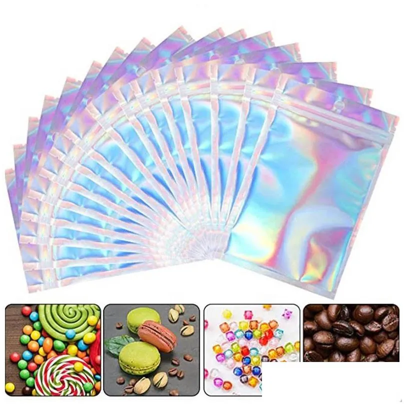 Packing Bags Wholesale 500Pcs Drop Resealable Mylar Bags Holographic Color Mtiple Sizes Smell Proof Bag Clear Zip Lock Food Candy Stor Dhcqa