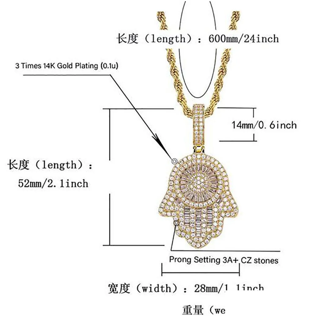 Jewelry Iced Out Hand Of Fatima Hamsa Pendant Necklace Cz Copper Top Quality Cubic Zircon Bling For Men Drop Delivery Wedding , Party Dh5Tb