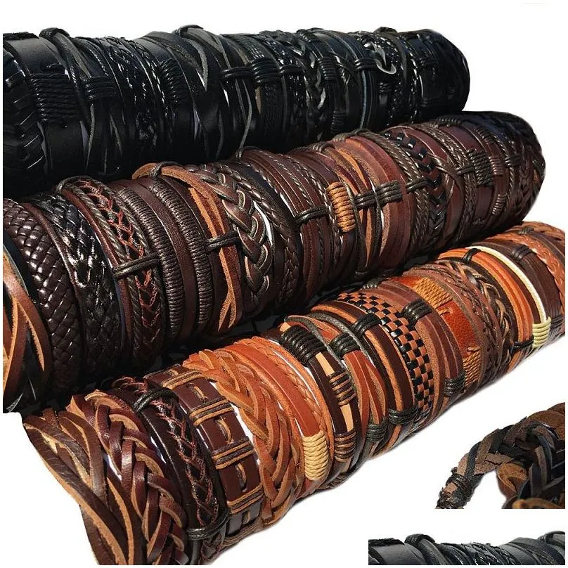 Cuff Wholesale 100Pcs Cuff Leather Bracelets Handmade Genuine Fashion Bracelet Bangles For Men Women Jewelry Mix Colors Brand New Dro Dhrid