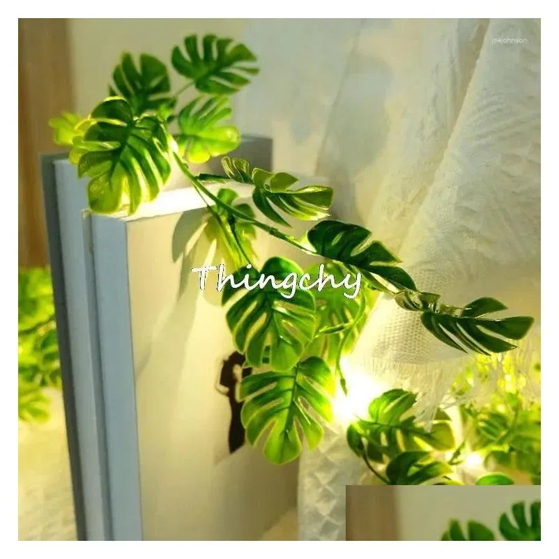 Led Strings Strings Monstera Leaf String Lights Tropical Artificial Rattan Palm Leaves Wall Hanging Vine Beach Theme Table Home Decora Dhsql