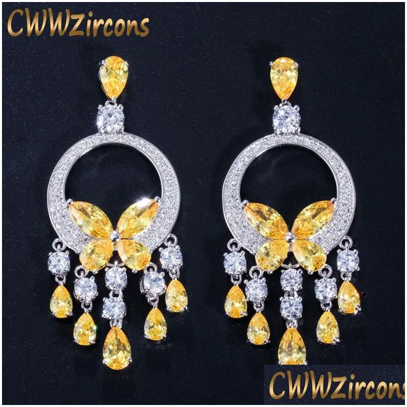 dangle chandelier cwwzircons quality long big cz stone yellow crystal tassel drop earrings for women fashion statement wedding