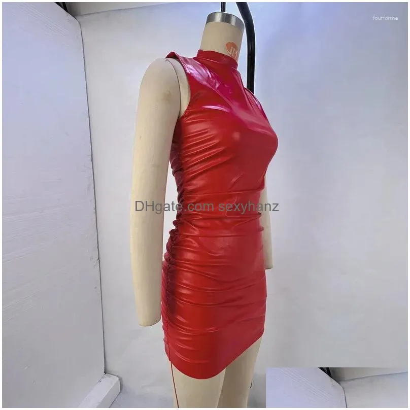 casual dresses faux leather bodycon mini womens 2023 autumn winter sleeveless pleated dress gift wholesale