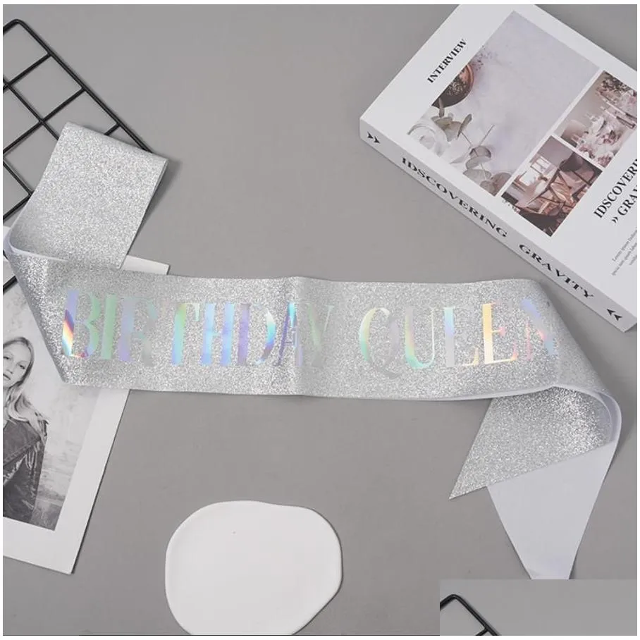 Party Decoration Birthday Queen Girl Glitter Sash Sparkly Foil Sier Gold For Sweet 16Th 18Th 21St 25Th 30Th 40Th 50Th Bday Party Decor Dhbo8