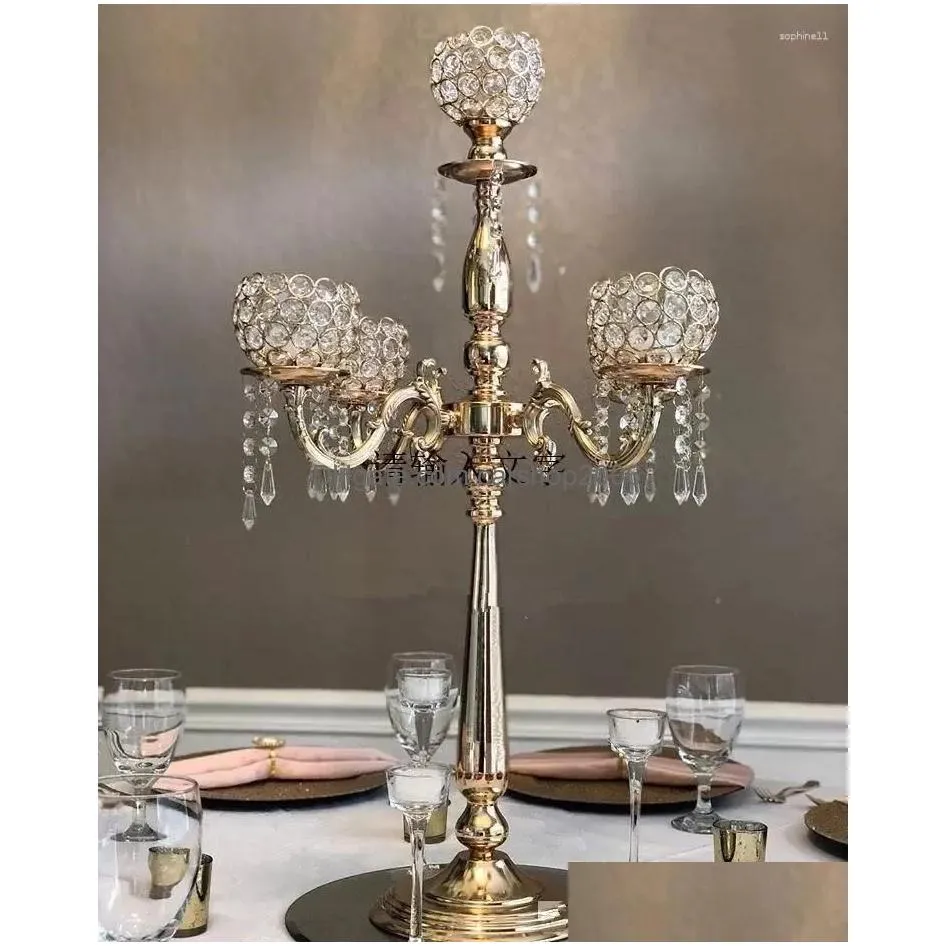 party decoration 5 arm gold candle holders candlestick wedding centerpieces for tables centre de table mariage crystal centerpiece