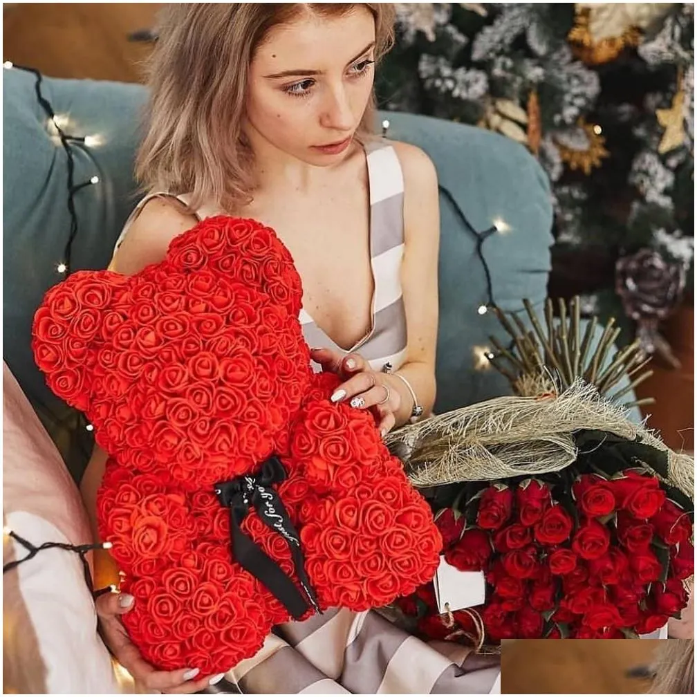 Decorative Flowers & Wreaths Drop 25Cm Teddy Rose Bear Artificial Flower Roses Of Christmas Decoration For Home Valentines Day Women G Dhgq9