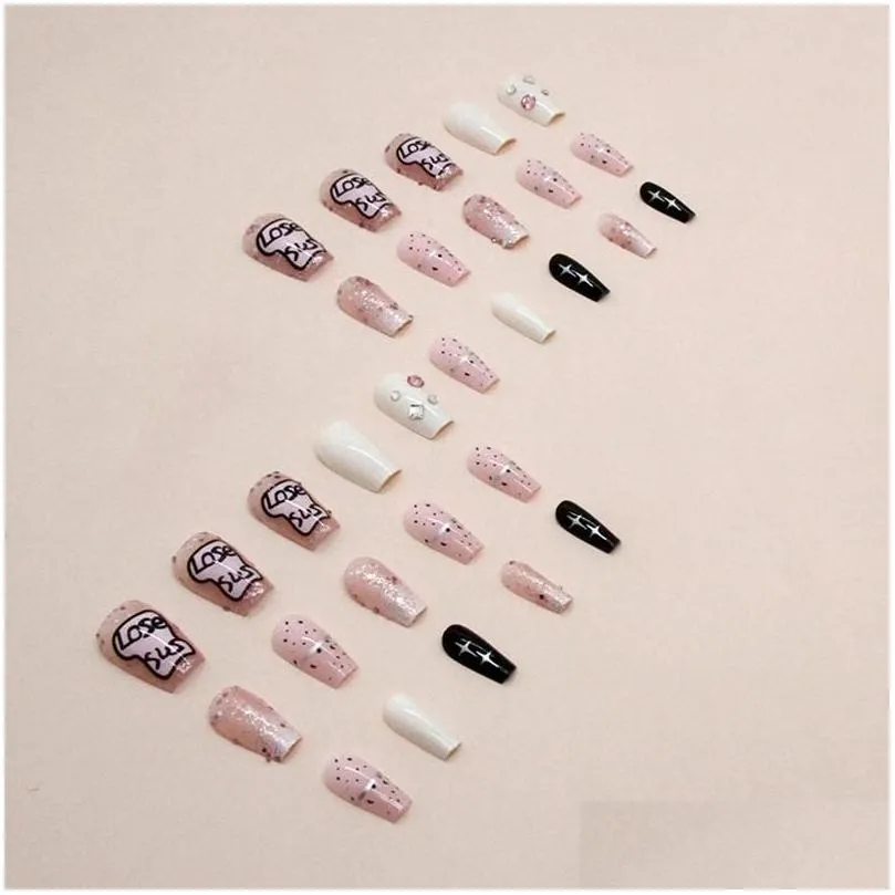 False Nails 24Pcs -Length Fake Nail Pink Black White Sweet Cool Reusable Artificial For Women And Girl Salon At Home Drop Delivery Dhv1V