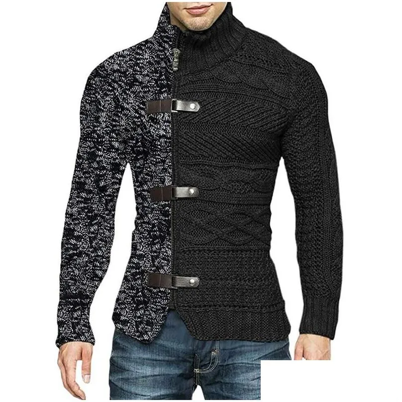 Men`S Vests Mens Vests 2021 Autumn/Winter Turtleneck Sweater Matching Color Leather Button Long Sleeve Knit Cardigan Large Size Wear D Dhkte