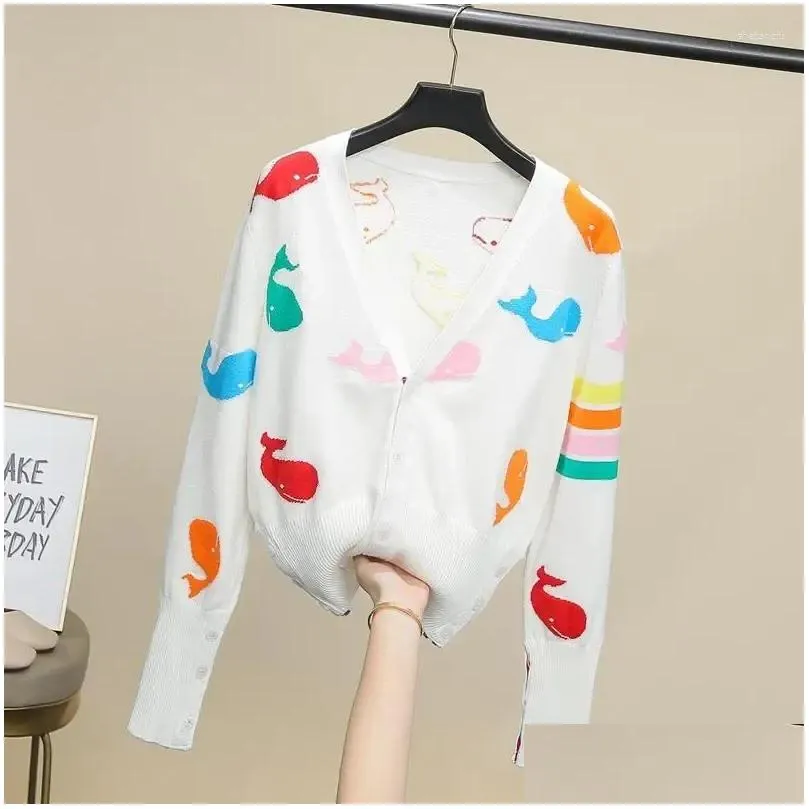 women`s jackets color dancing whale jacquard coat female 2024 autumn and winter preppy style v-neck long sleeve knitted cardigan top