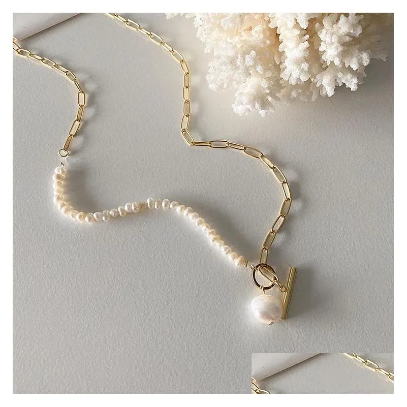 Jewelry Korean Vintage Natural Freshwater Pearl Necklaces For Women Gold Color Link Chain Asymmetric Toggle Clasp Circle Choker Neckla Dhhab