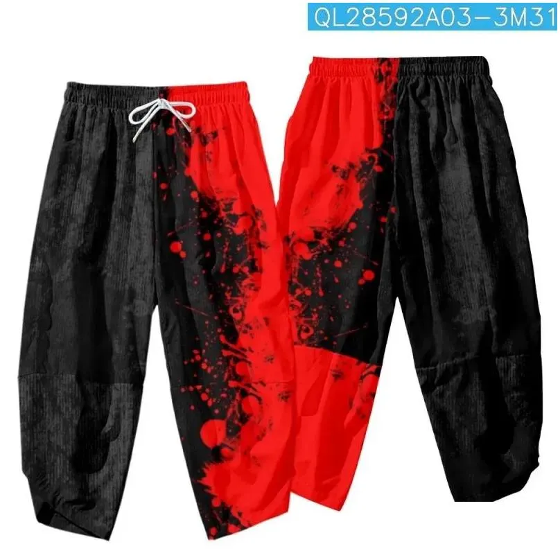 ethnic clothing fashion black and red print harajuku men trousers samurai costume loose women traditional japanese pants