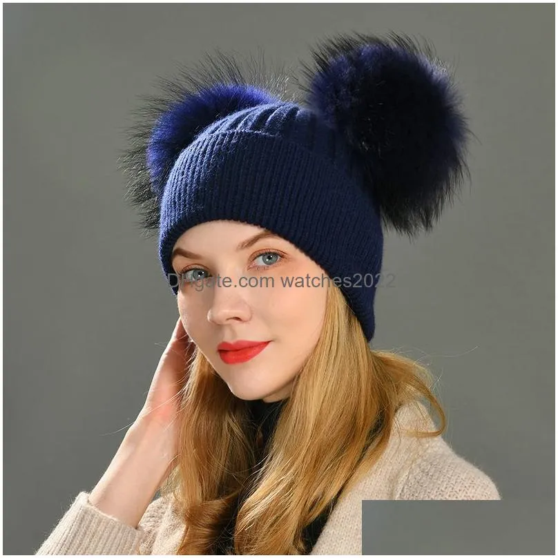 Beanie/Skull Caps Beanieskl Caps Wide Brim Hats Bucket Winter Fashion Fur Pompom For Girls Cloghet Beanie Adts Knitted Wool Double Two Dhckz