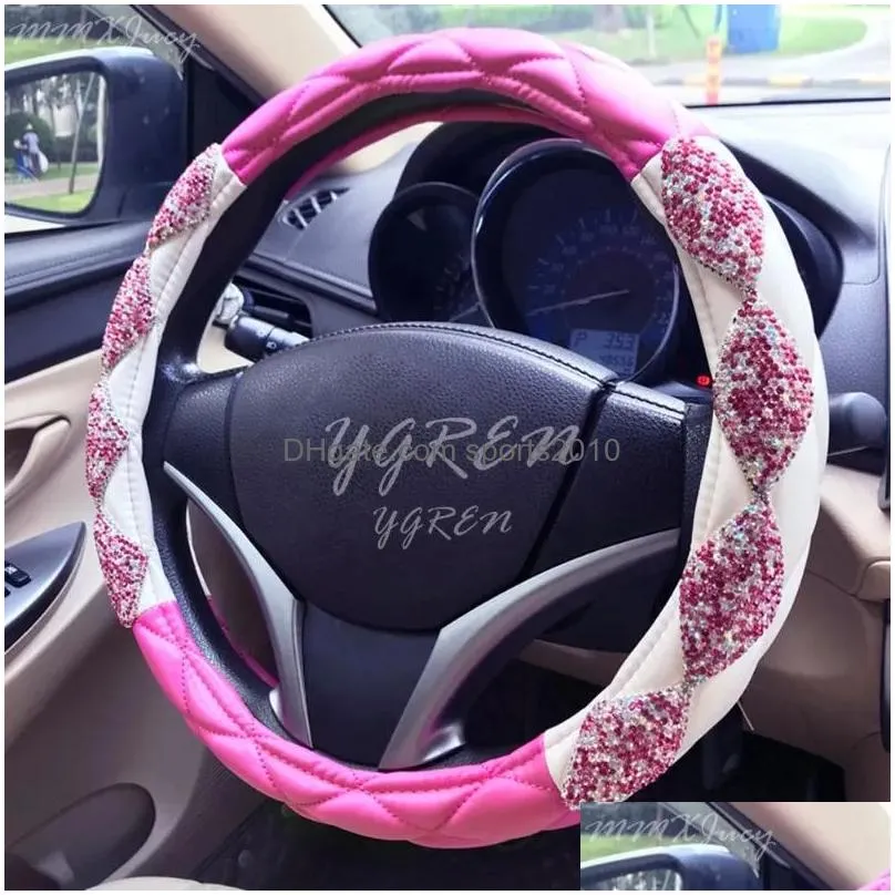 Steering Wheel Covers Steering Wheel Ers Women Lady Car Er Crystal Pink Pu Leather Bling Shinny 38Cm Drop Delivery Automobiles Motorcy Dhpze