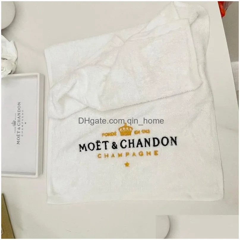 embroidered moet chandon white cotton party service hand towel
