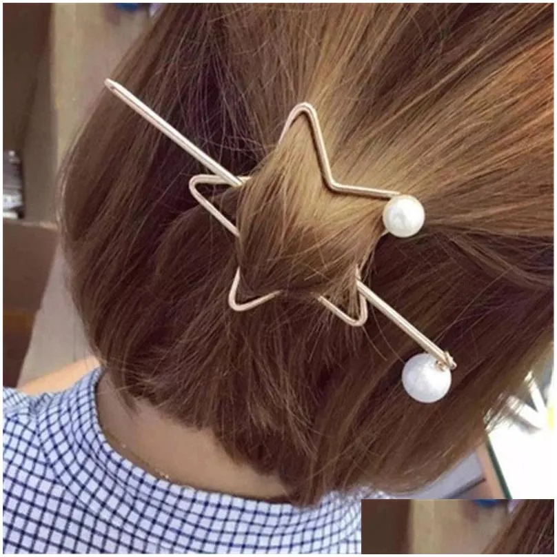 korean barrette star heart design metal pearl hair clips for women hair accessories gold hairpin heart star headband holder