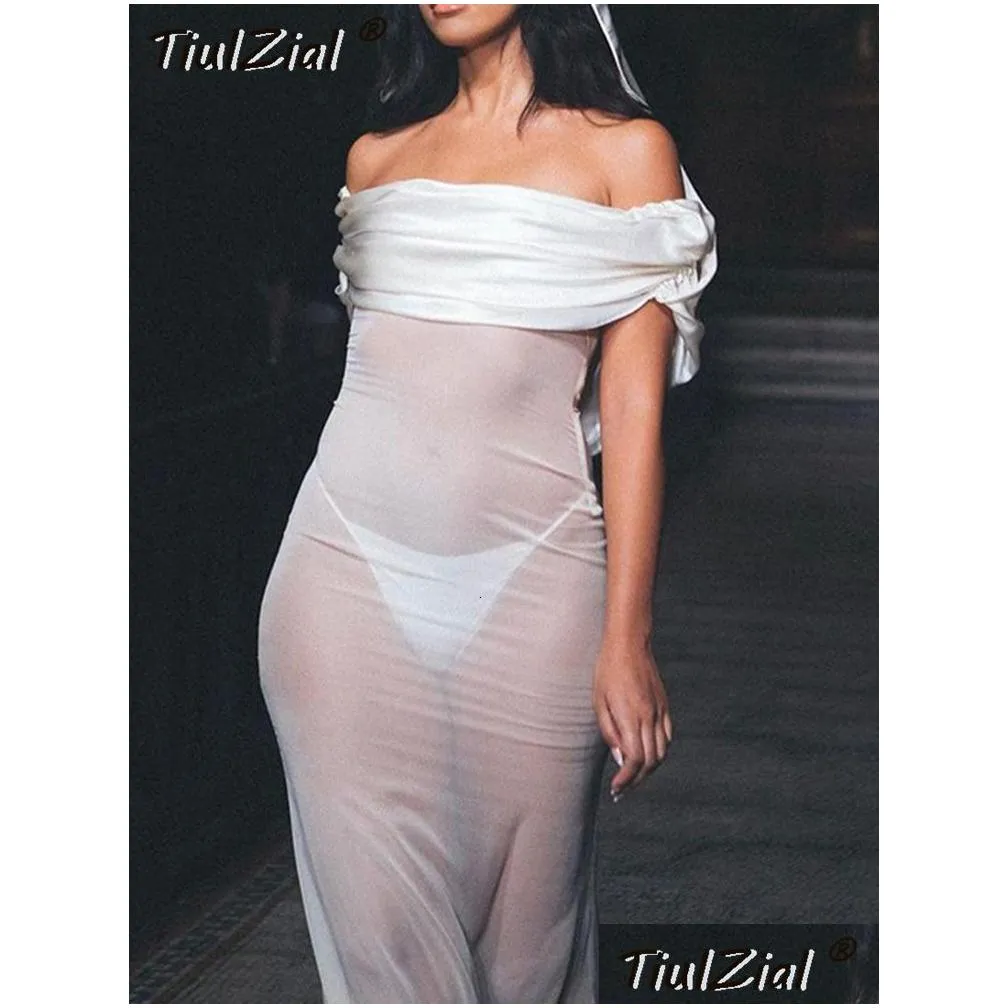 Basic & Casual Dresses Casual Dresses Tizial Satin Strapless Tube Mesh Y Midi See Though Summer Beach Club Party Bodycon Off Shoder W Dhhsl