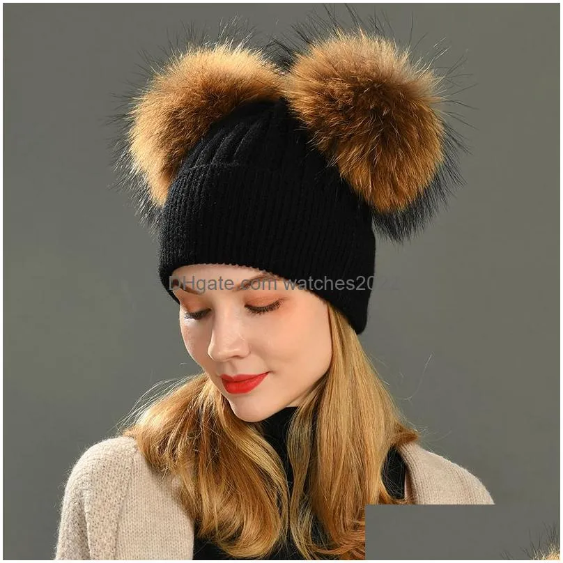 Beanie/Skull Caps Beanieskl Caps Wide Brim Hats Bucket Winter Fashion Fur Pompom For Girls Cloghet Beanie Adts Knitted Wool Double Two Dhckz