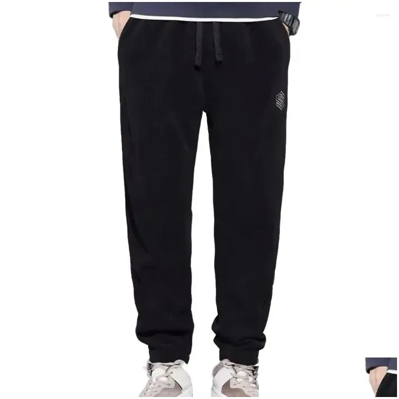 men`s pants warm men trousers thick plush drawstring with ankle-banded solid color embroidery elastic mid waist soft long