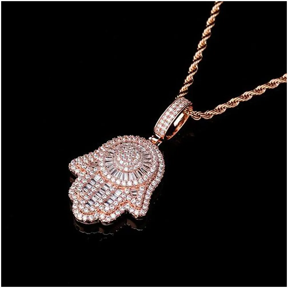 Jewelry Iced Out Hand Of Fatima Hamsa Pendant Necklace Cz Copper Top Quality Cubic Zircon Bling For Men Drop Delivery Wedding , Party Dh5Tb
