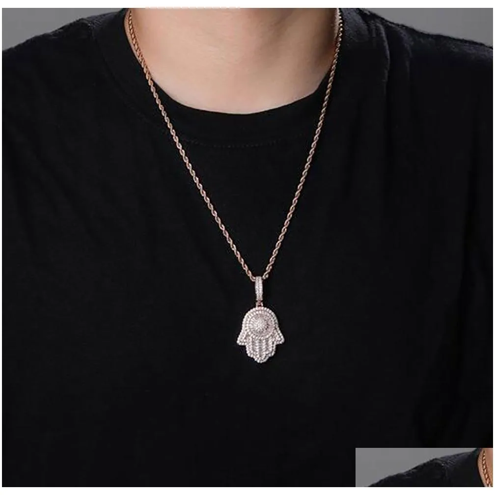 Jewelry Iced Out Hand Of Fatima Hamsa Pendant Necklace Cz Copper Top Quality Cubic Zircon Bling For Men Drop Delivery Wedding , Party Dh5Tb