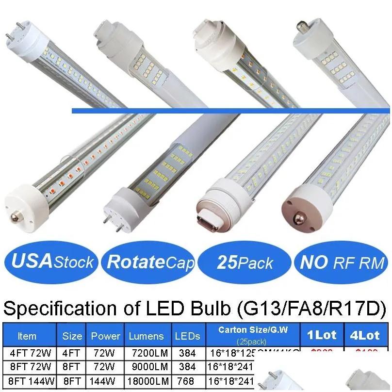 Led Tubes T8/T10/T12 8Ft Led Tube Light Single Pin Fa8 Base 144W 18000Lm 6500K Cool White 8 Foot 4 Row Fluorescent Bbs 250W Replacemen Dhndl