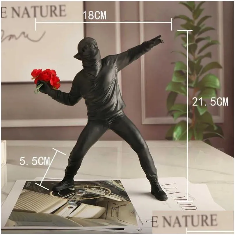 resin statues sculptures banksy flower thrower statue bomber home decoration accessories modern ornaments figurine collectible 210827