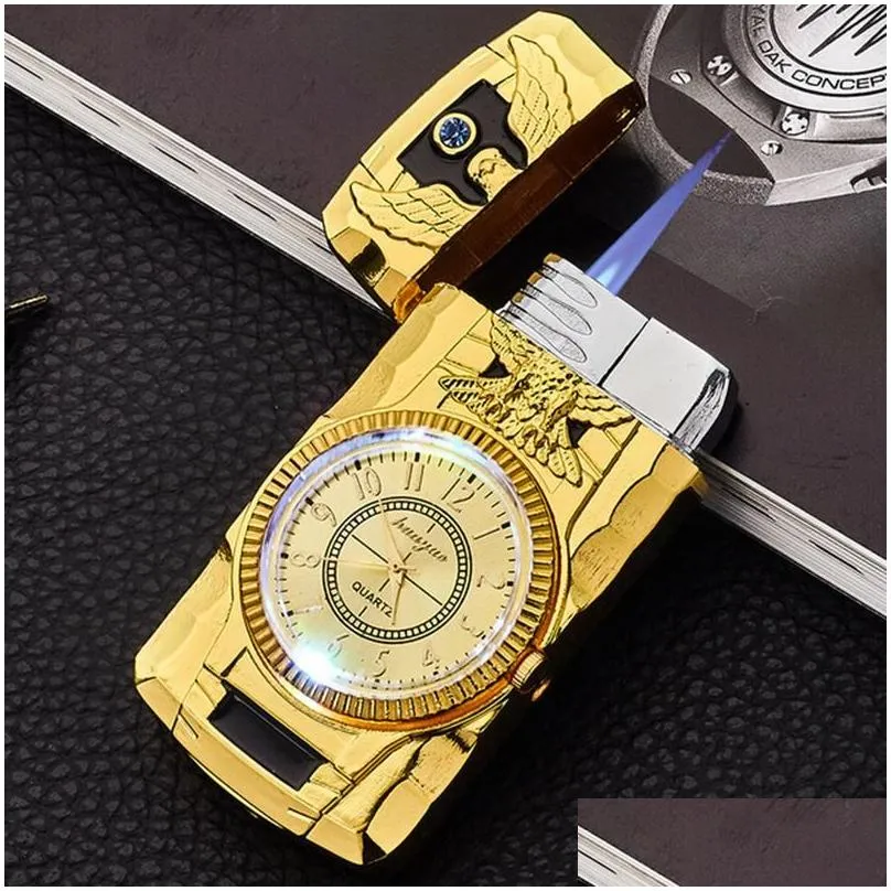 Lighters Sell Gold Windproof Watch  Lighter Torch Turbo Gas Cigar Cigarette Metal Led Inflated Gasoline Butane Men Drop Delivery Ho Dhmel