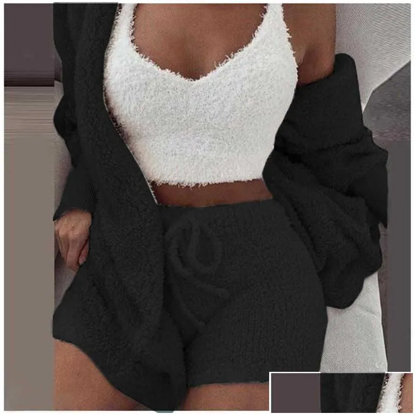 Women`S Sleepwear Three Piece Y Fluffy Sets Veet P Hooded Cardigan Coataddshortsaddcrop Top Women Tracksuit Casual Sports Overalls Sw Dhysb