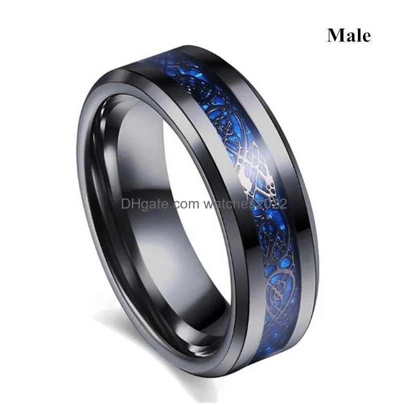 Band Rings Charm Couple Ring Mens Stainless Steel Celtic Dragon Rings Blue Zircon Womens Sets Valentines Day Wedding Band Jewelry Dro Dh4Gb