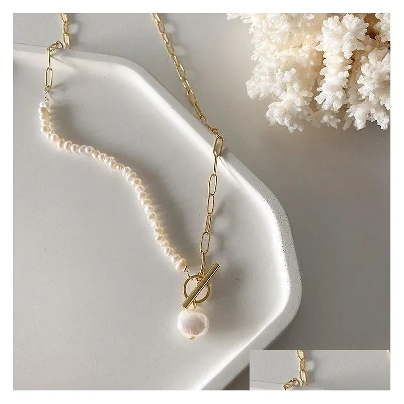 Jewelry Korean Vintage Natural Freshwater Pearl Necklaces For Women Gold Color Link Chain Asymmetric Toggle Clasp Circle Choker Neckla Dhhab