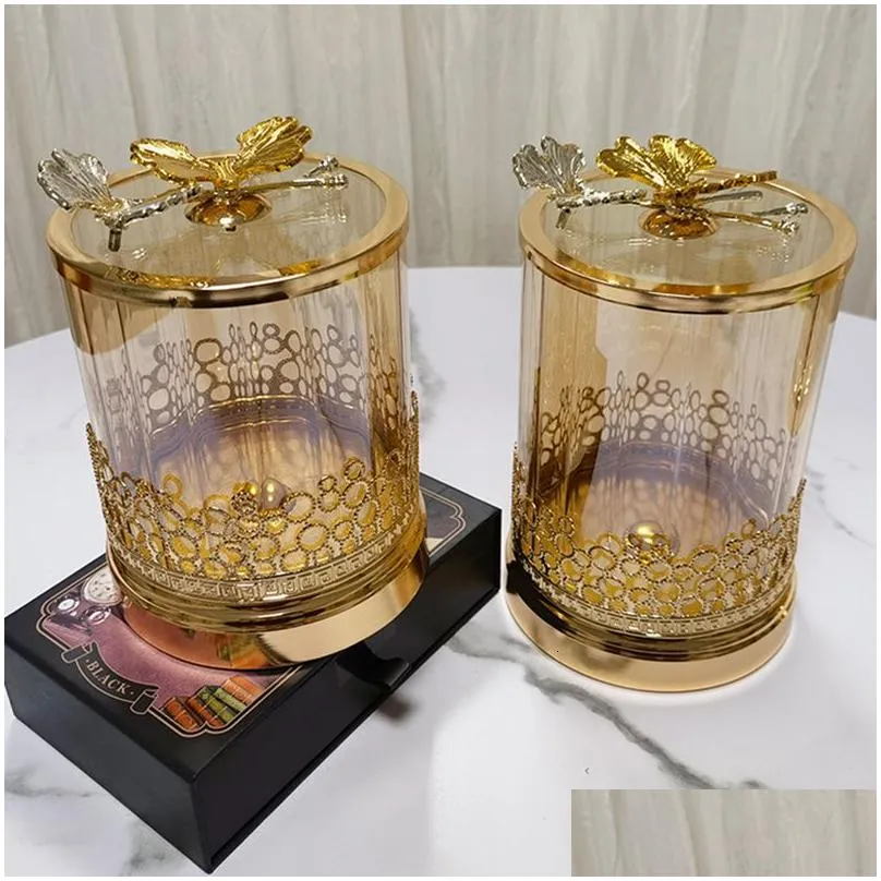 Bottles & Jars Bottles Jars Gold-Plated Butterfly Candy Jar Glass Jewelry Box Hollow Art Flower Arrangement Fruit Nut Sundries Storage Dhfmt