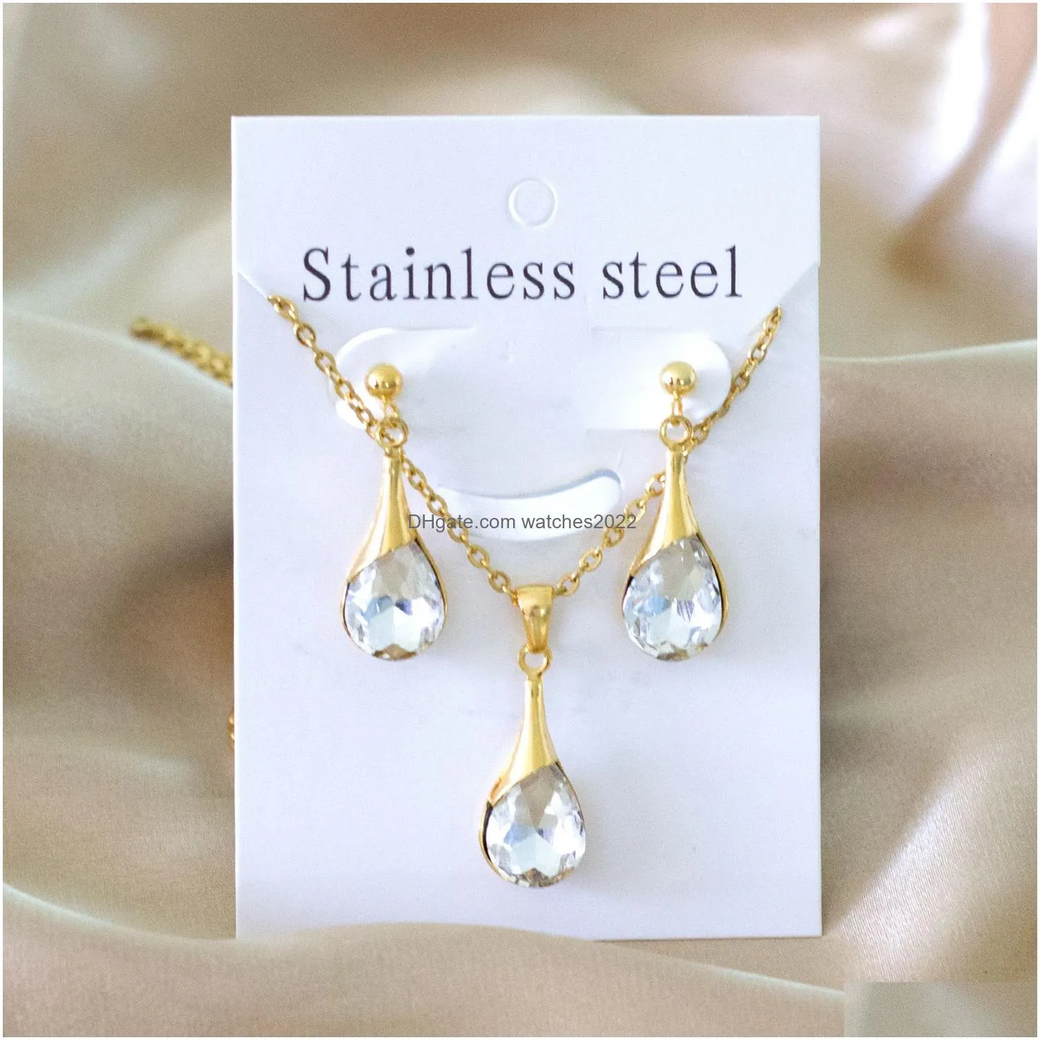 Wedding Jewelry Sets Korean Fashion Stainless Steel For Woman Water Drop Pendant Necklaces And Earrings Set Cubic Zirconia Gold Drop Dhkyd