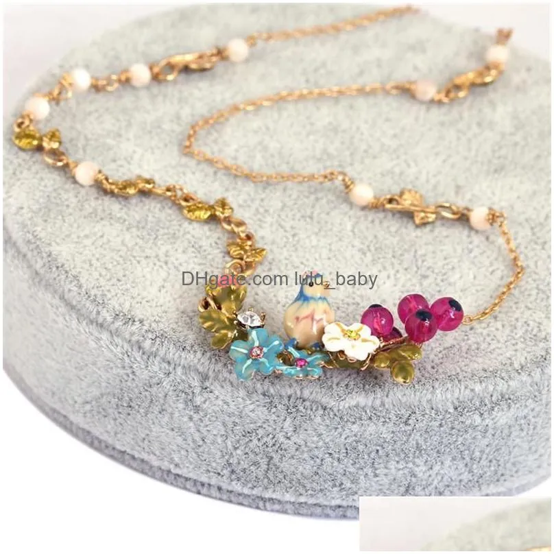 chains fashion enamel glaze threedimensional blue tit bird daisy flower rose necklace branch short chain female jewelry chains