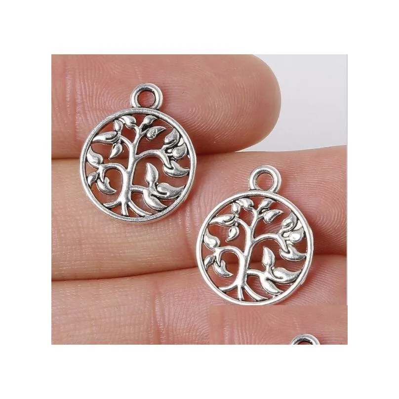 Charms 200Pcs/Lot Zinc Alloy Tree Antique Sier Plated Round Charms Pendants For Diy Fashion Jewelry Making 15X18Mm Drop Delivery Jewel Dhwjt