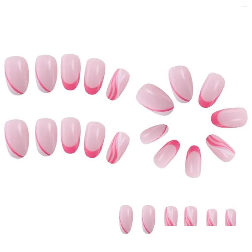 False Nails 24Pcs Press On Short Round Almond With Pink Edge French Designs Wearable Fake Fl Er Manicure Nail Tips Drop Delivery Dhceg