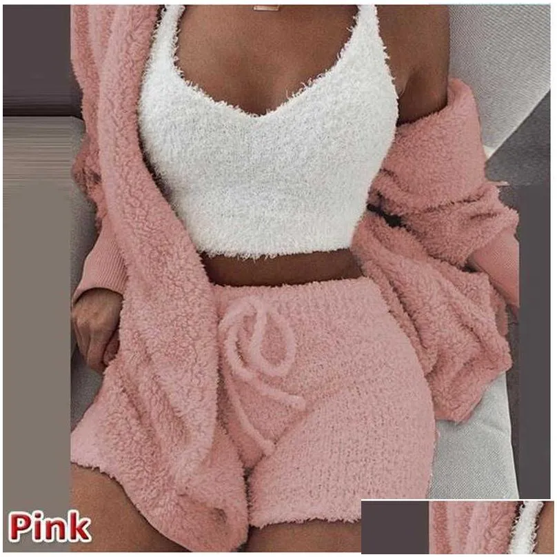 Women`S Sleepwear Three Piece Y Fluffy Sets Veet P Hooded Cardigan Coataddshortsaddcrop Top Women Tracksuit Casual Sports Overalls Sw Dhysb