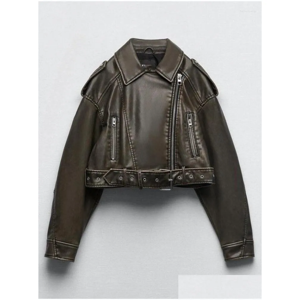 women`s leather women faux pu suede long sleeve turn down collar jacket belt distressed moto biker solid pockets outerwear cardigan