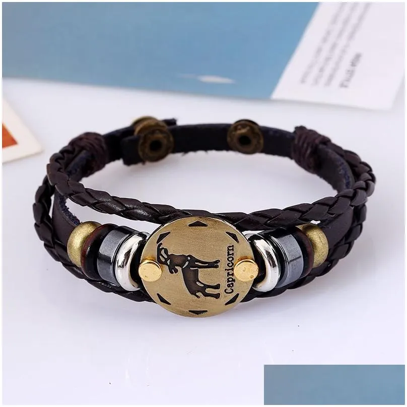 Charm Bracelets 12 Constellations Genuine Leather Charm Bracelets Men S Zodiac Vintage Braided Rope Wrap Adjustable Bangle For Women Dhs9Z