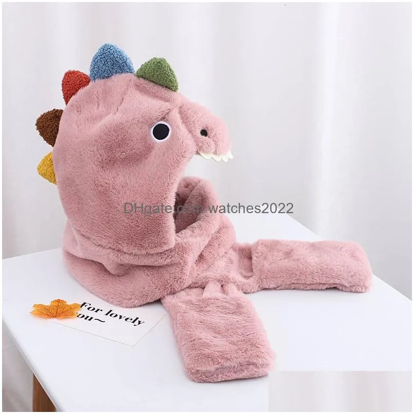 Trapper Hats Women Fashion Cute Cartoon Dinosaur Hatimitation Mink Cap Girl Winter Warmth Thickened With Scarf Gloves Onepiece Hat Dr Dhnsa