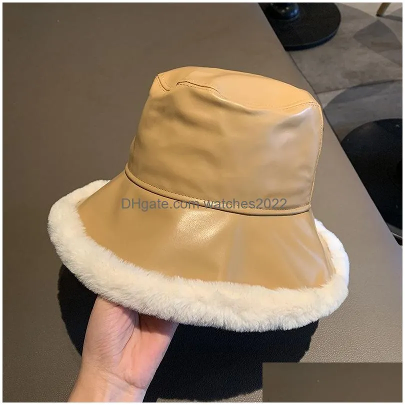 Stingy Brim Hats Autumn Winter Bucket Women Pu Leather Panama Hat Thick Warm P Fisherman Cap For Girl Crim Basin Kapelusz Drop Delive Dhyue