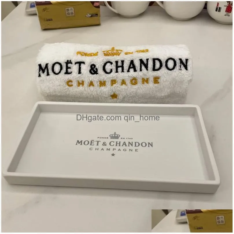 embroidered moet chandon white cotton party service hand towel