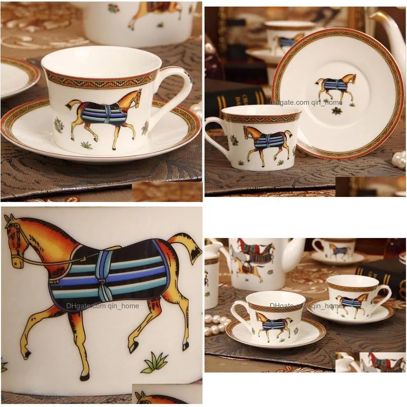 horse design porcelain coffee cup with saucer bone china coffee sets glasses gold outline tea cups