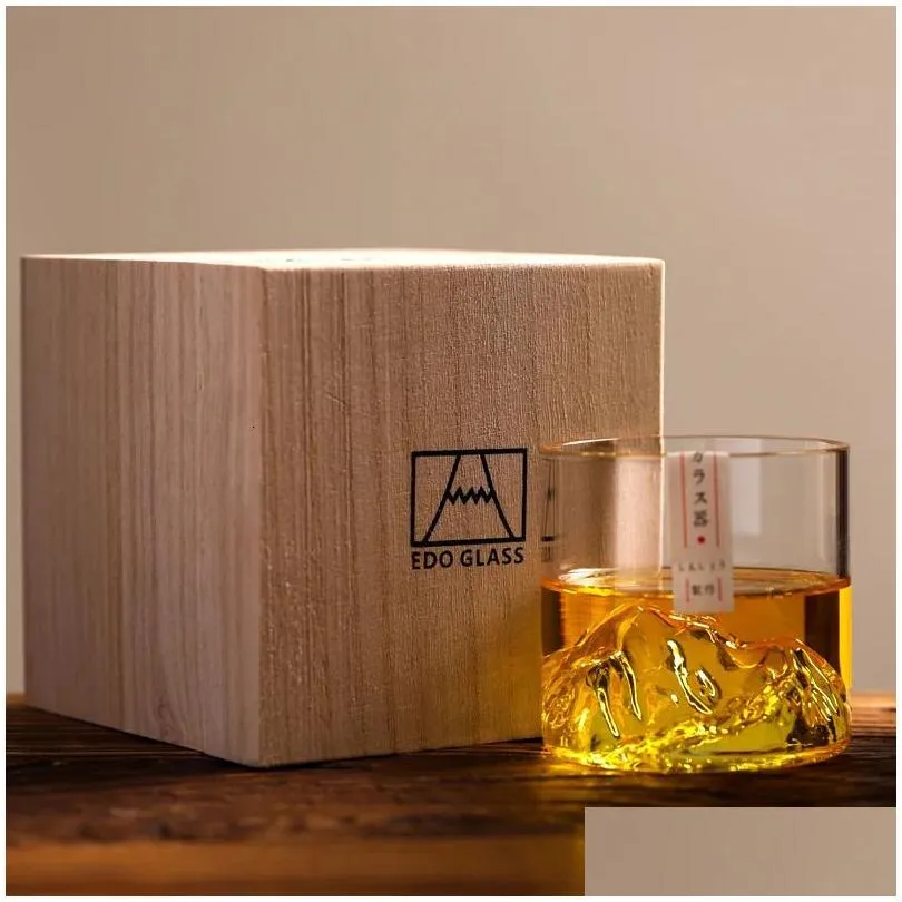 Wine Glasses Japan 3D Mountain Whiskey Glass Glacier Old Fashioned Whisky Rock Whiskey-Glass Wooden Gift Box Vodka Cup Tumbler Drop D Dh0Sf