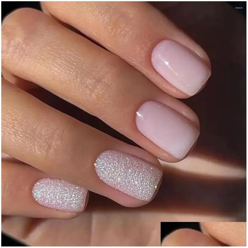 False Nails 24Pcs Short French Pink Gentle Round Head Press On Aurora Sparkling Glitter Artificial With Sweet Cute Designs Drop Deliv Dhj64