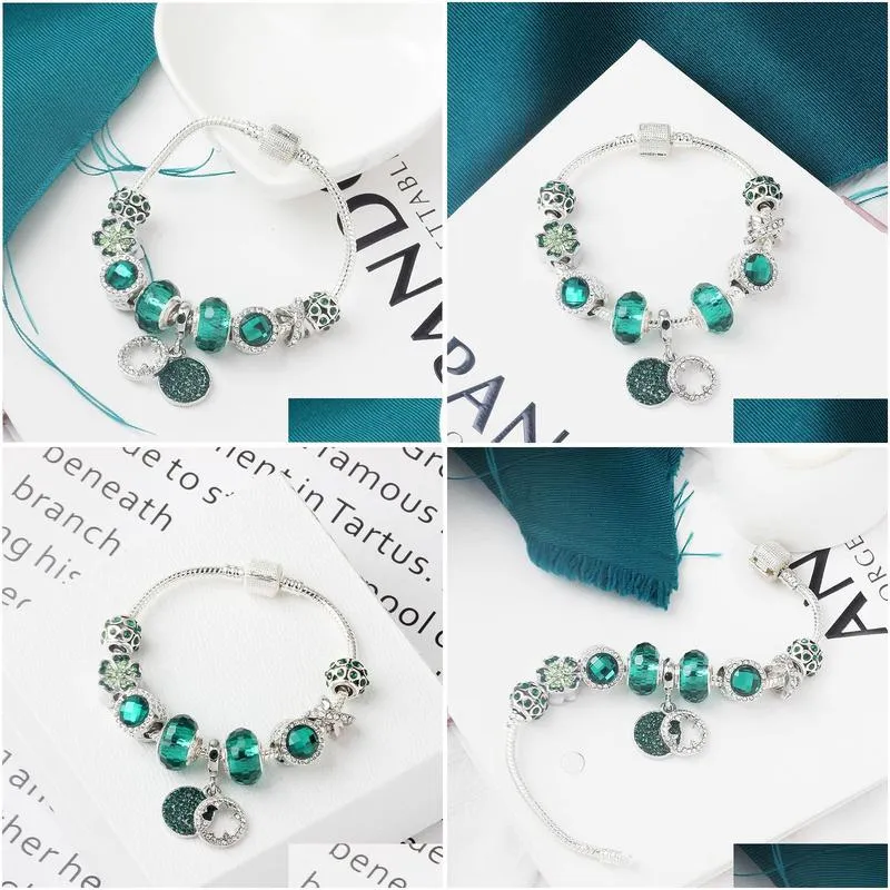 Jewelry Wholesale-Charm Bead Alloy Sier Plated Bracelet Suitable For Pandora Style Green Crystal Tetrafolium Jewelry Drop Delivery Wed Dhekf
