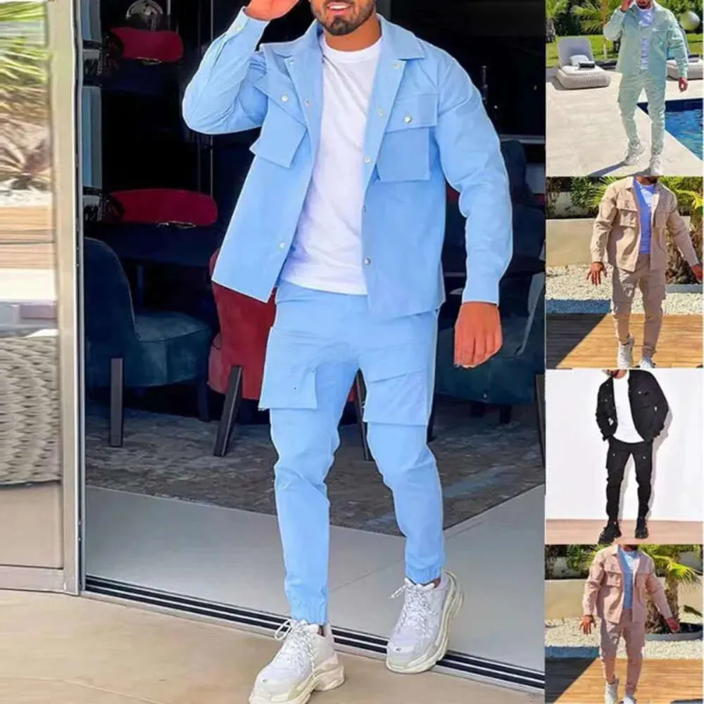 Men`s Tracksuits Jacket Cargo Pants Set With Pocket Button Spring Fall Blue Tracksuit High Quality Solid Color Male Fashion Suit