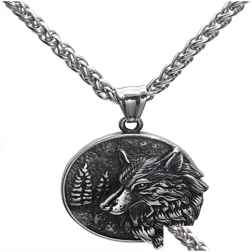 Pendant Necklaces Vintage Wolf Necklace Punk Street Rock Norse Stainless Steel Odin Head Men Fashion Jewelrypendant Drop Delivery Dh7Xe