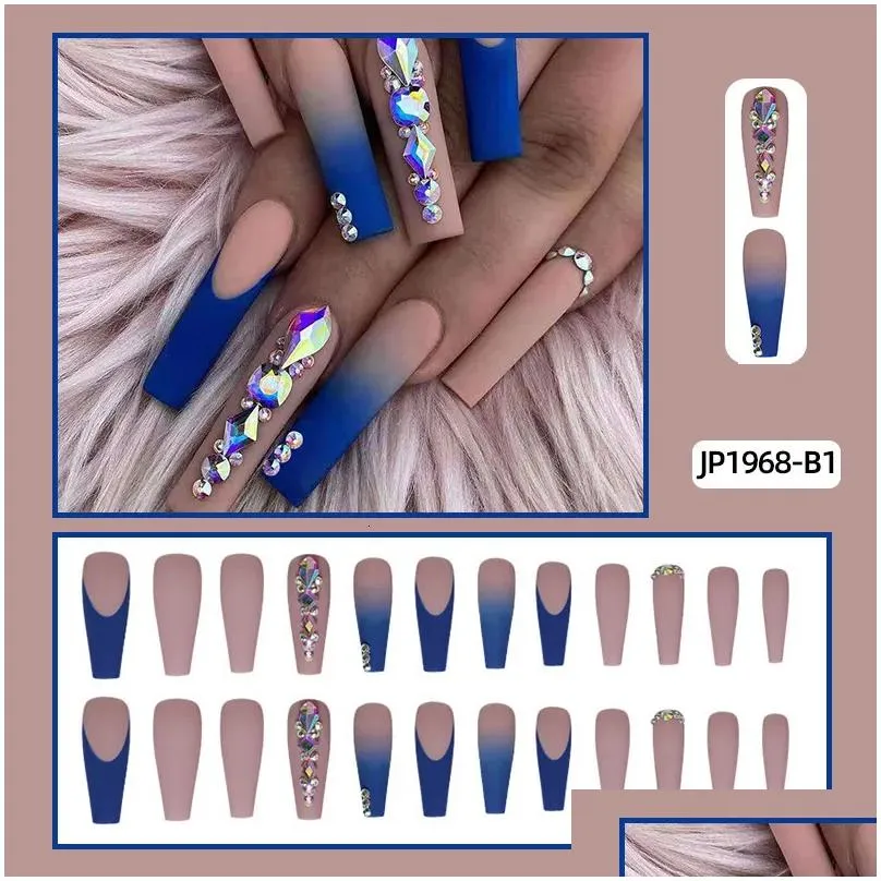 False Nails Nail Piece Super Long Ballet Charm Dark Blue Frosted Diamond Wearing Armor 230515 Drop Delivery Dh7I1