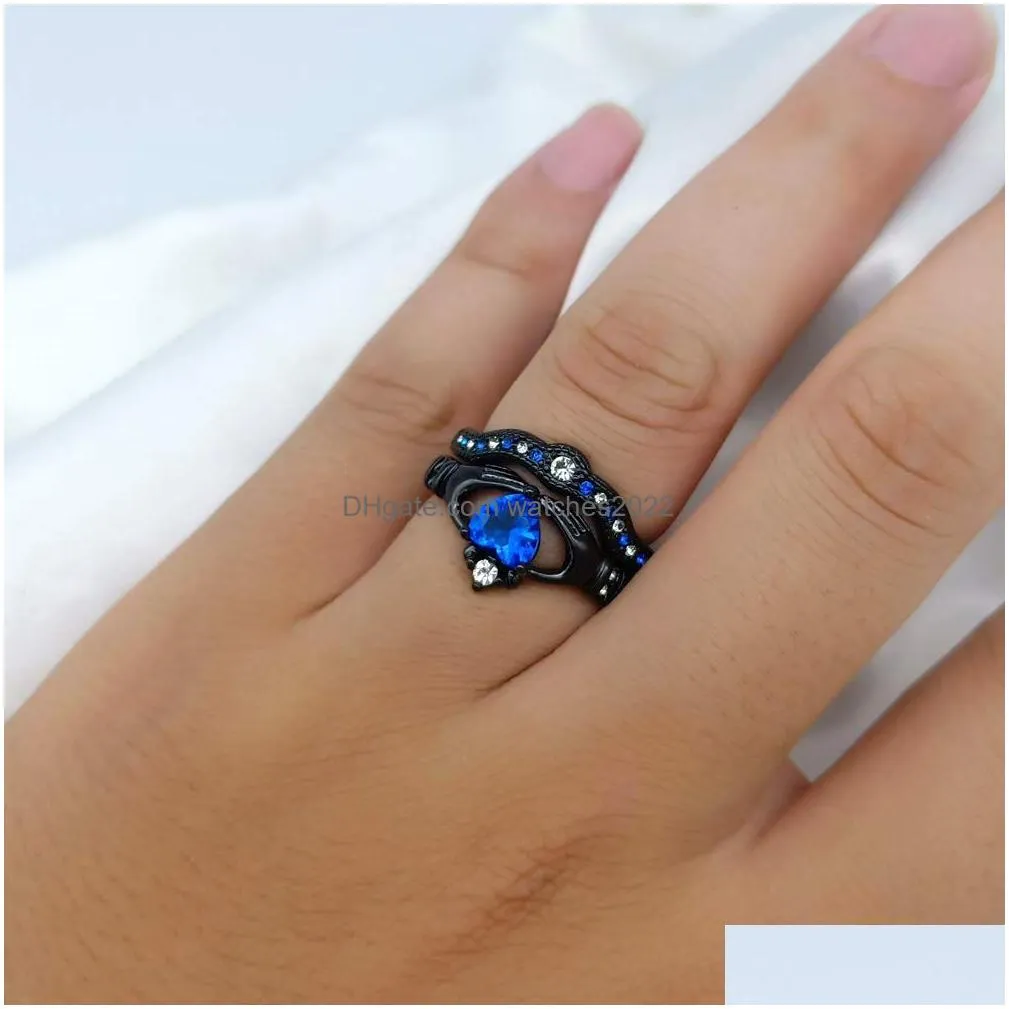 Band Rings Charm Couple Ring Mens Stainless Steel Celtic Dragon Rings Blue Zircon Womens Sets Valentines Day Wedding Band Jewelry Dro Dh4Gb