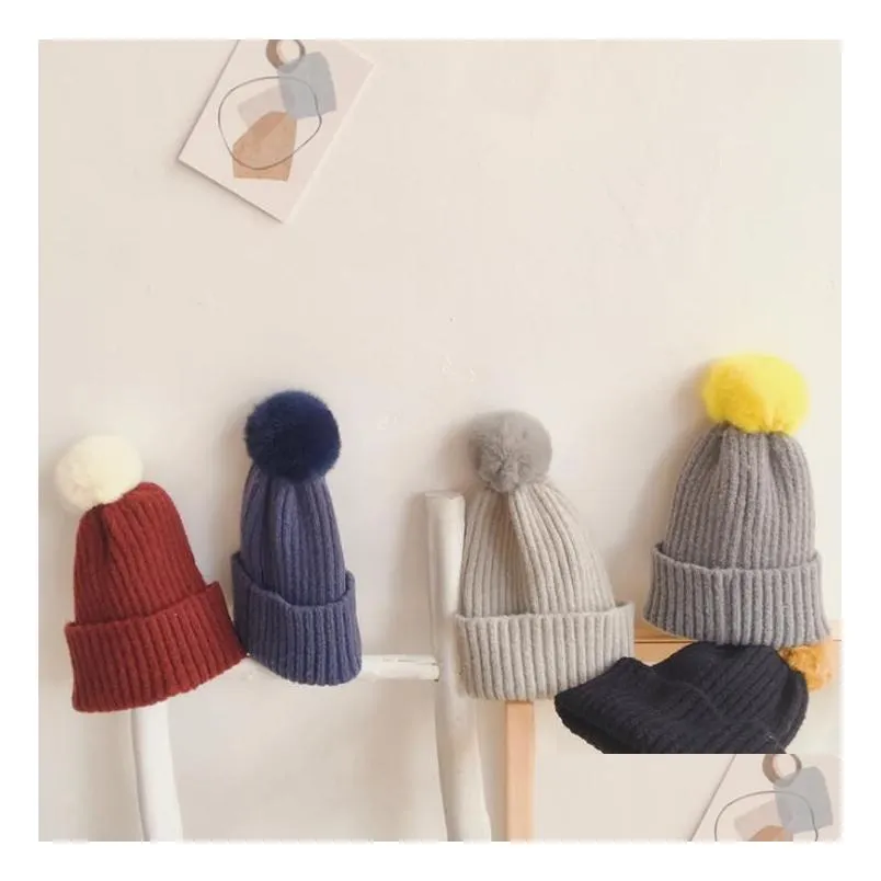 Caps & Hats New Candy Colors Children Knit Hats Boys Girls Warm Beanies Cap Cute Fur Ball Pom Baby Drop Delivery Baby, Kids Maternity Dhjwp