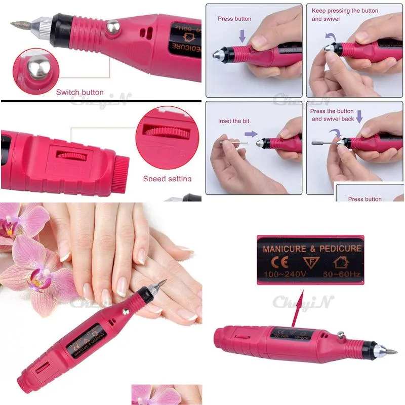 wholesale-professional nail art drill set 6 bits electric manicure nail tool pen manicure pedicure machine nail grinder polisher feet